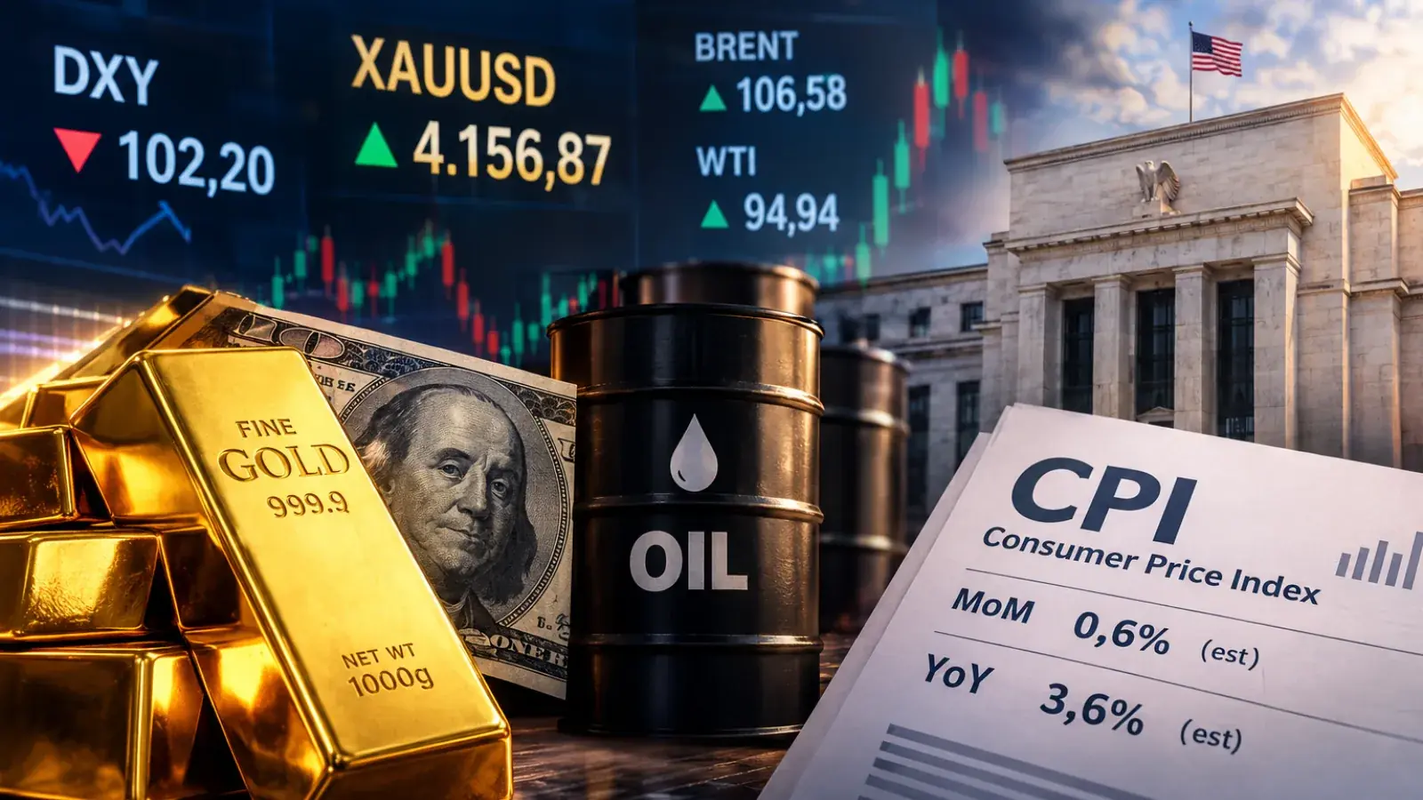 Ilustrasi pasar keuangan global yang menampilkan emas batangan, uang dolar AS, grafik pergerakan XAUUSD dan DXY, barel minyak, serta laporan inflasi CPI Amerika Serikat. Menggambar