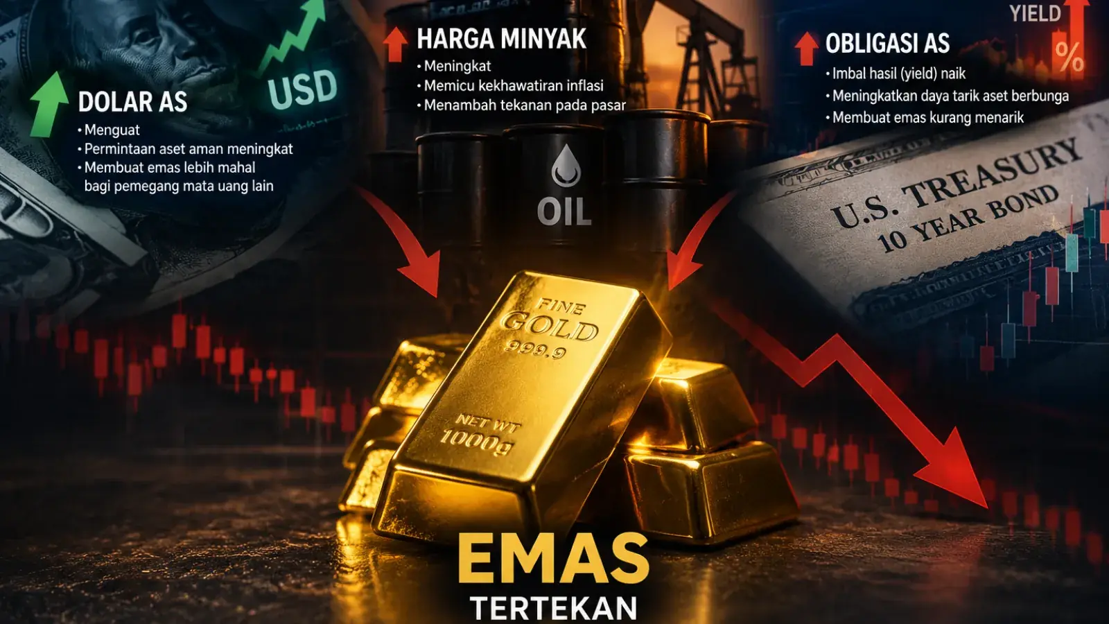 Ilustrasi tekanan terhadap harga emas (XAUUSD) akibat penguatan dolar AS, kenaikan harga minyak dunia, dan meningkatnya imbal hasil obligasi Treasury AS. Ketiga faktor tersebut ber
